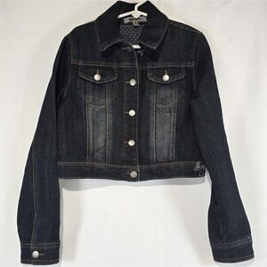 DKNY Girl's Cropped Denim Jacket size Medium Dark Wash Button Front Jean Jacket